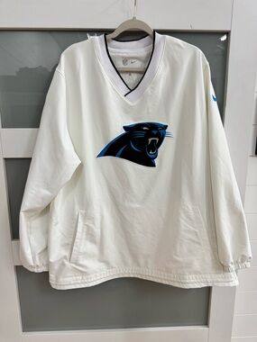 NFL White Carolina Panthers Pullover Windbreaker with Black and Blue Logo